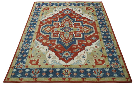 Custom Made Brown, Blue, Ivory and Olive Traditional Heriz Medallion Wool Area Rug