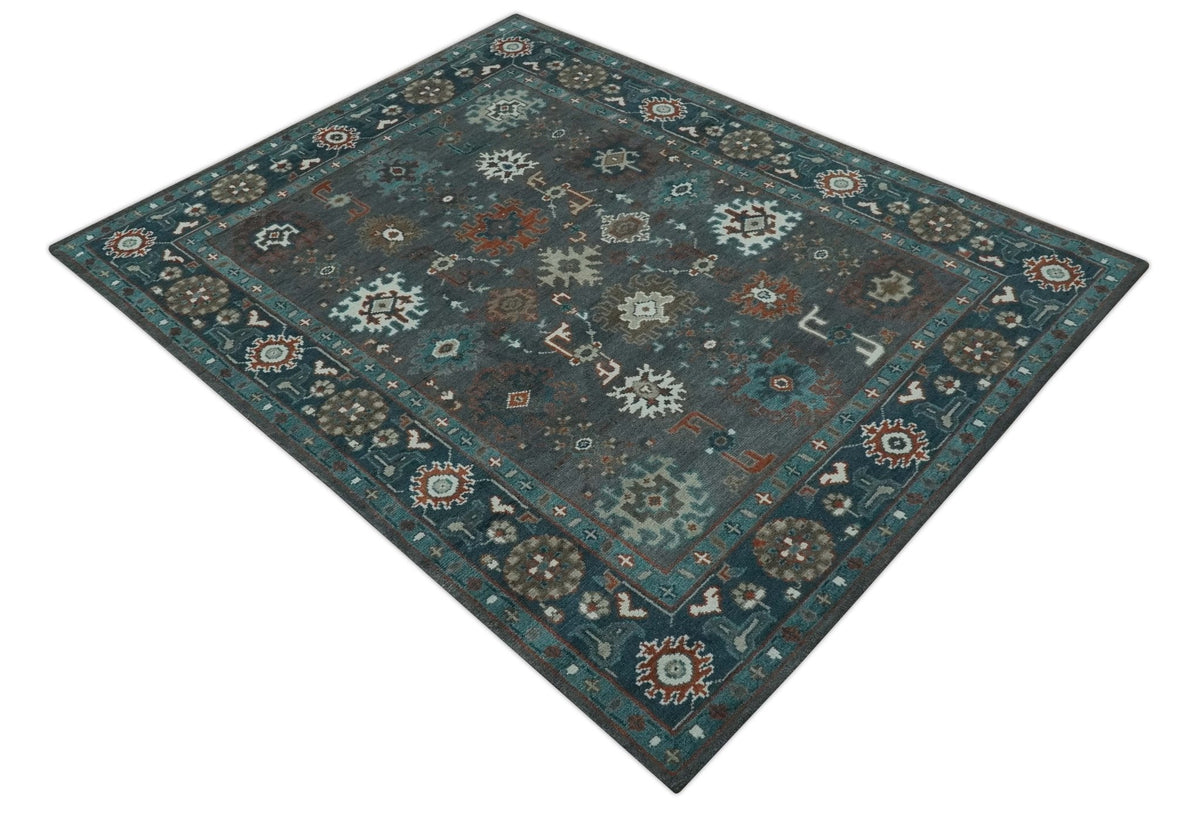 Custom Made Charcoal and Teal Hand knotted Traditional Oushak wool area rug