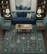Custom Made Charcoal and Teal Hand knotted Traditional Oushak wool area rug