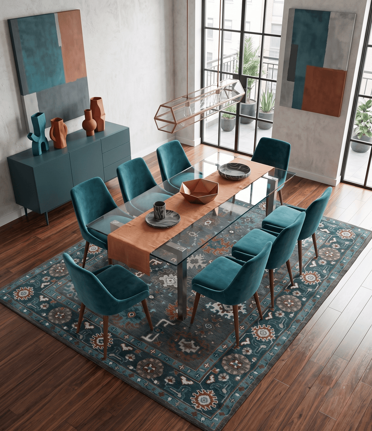 Custom Made Charcoal and Teal Hand knotted Traditional Oushak wool area rug