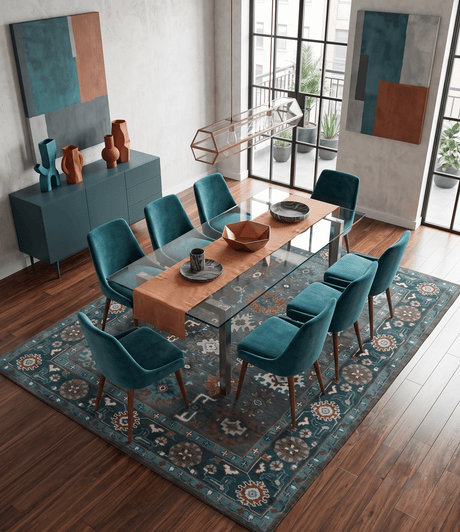 Custom Made Charcoal and Teal Hand knotted Traditional Oushak wool area rug