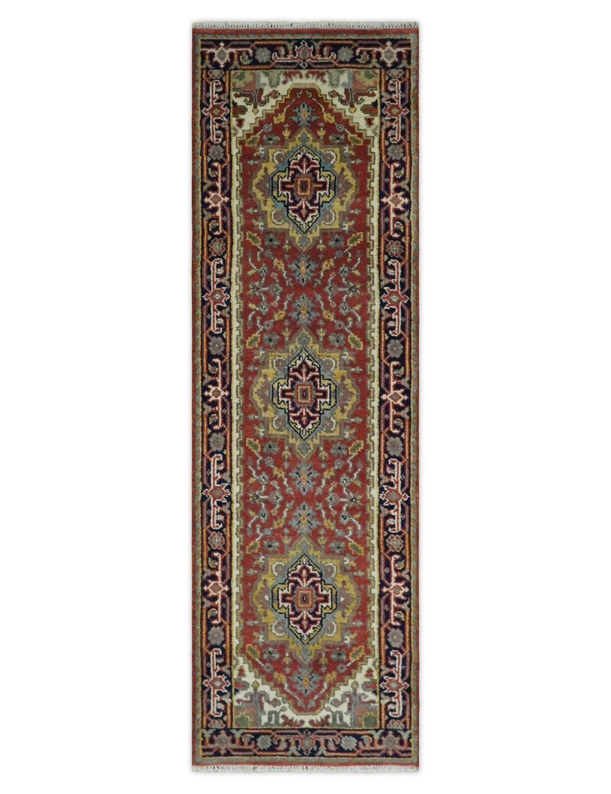 Custom Made Classic Serapi Blue, Rust and Ivory Hand knotted wool Area Rug
