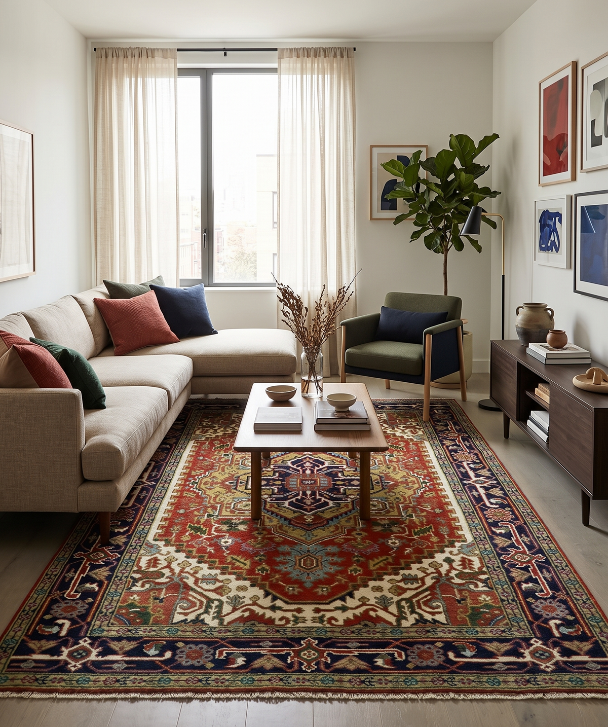 Custom Made Classic Serapi Blue, Rust and Ivory Hand knotted wool Area Rug