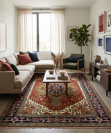 Custom Made Classic Serapi Blue, Rust and Ivory Hand knotted wool Area Rug