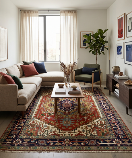 Custom Made Classic Serapi Blue, Rust and Ivory Hand knotted wool Area Rug