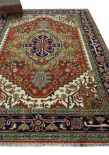Custom Made Classic Serapi Blue, Rust and Ivory Hand knotted wool Area Rug