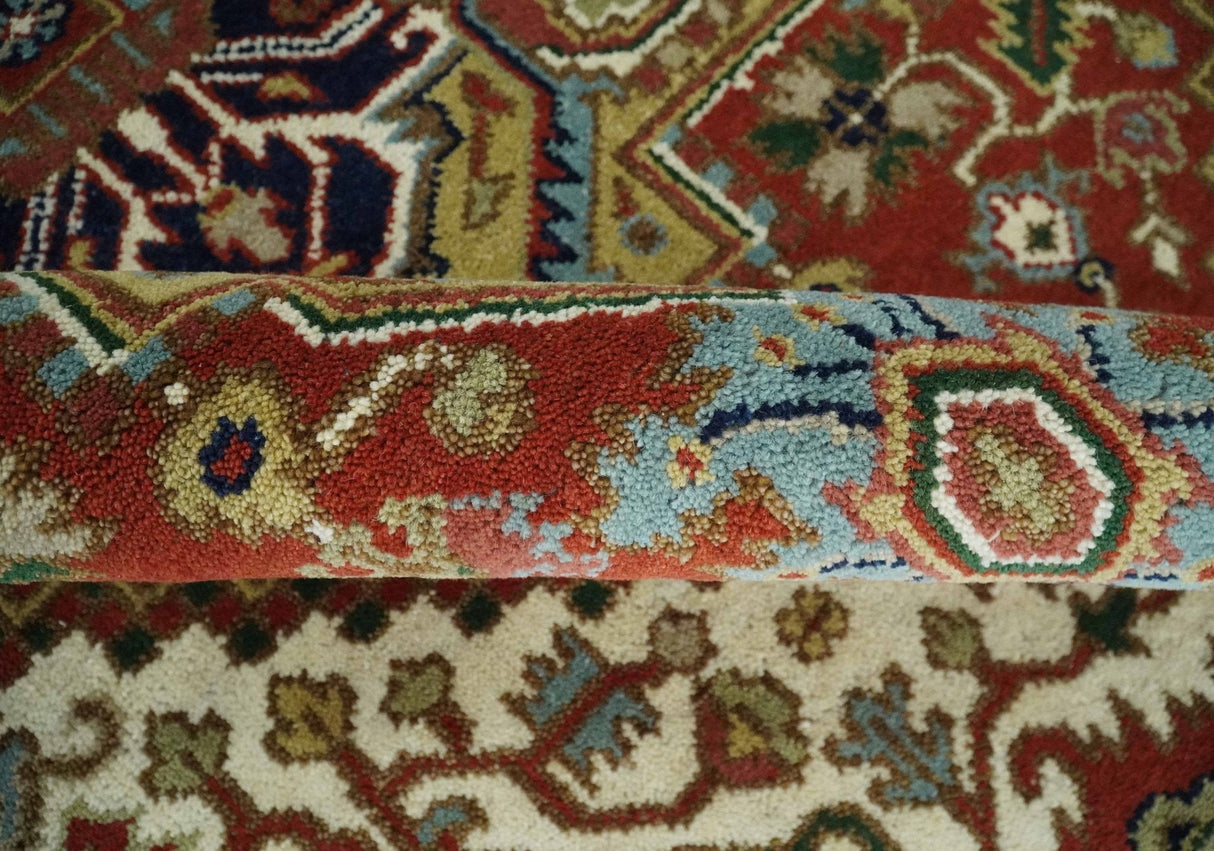 Custom Made Classic Serapi Blue, Rust and Ivory Hand knotted wool Area Rug