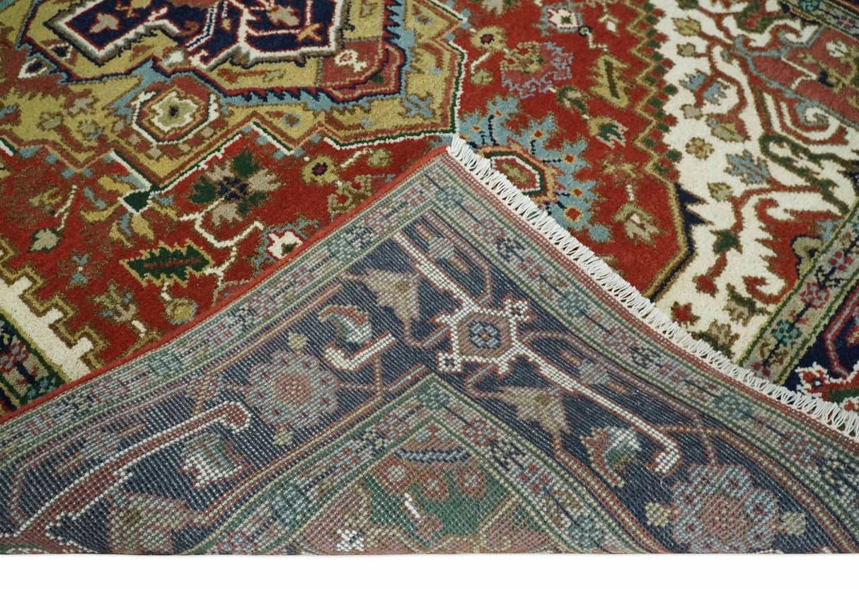 Custom Made Classic Serapi Blue, Rust and Ivory Hand knotted wool Area Rug