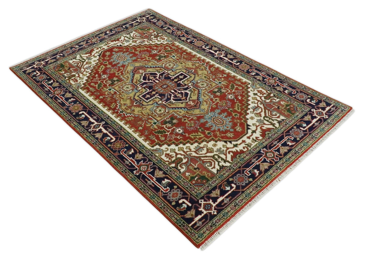 Custom Made Classic Serapi Blue, Rust and Ivory Hand knotted wool Area Rug