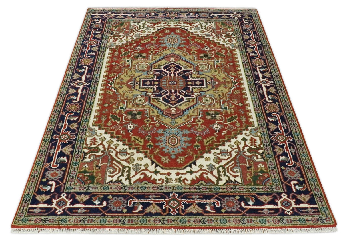 Custom Made Classic Serapi Blue, Rust and Ivory Hand knotted wool Area Rug