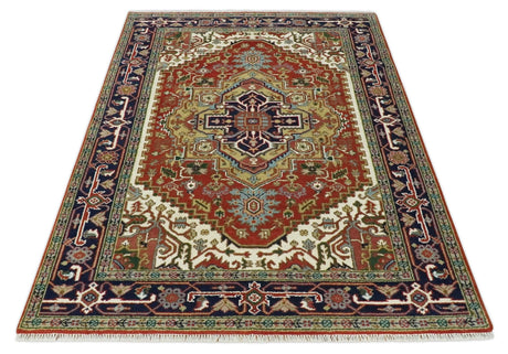 Custom Made Classic Serapi Blue, Rust and Ivory Hand knotted wool Area Rug