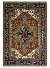 Custom Made Classic Serapi Blue, Rust and Ivory Hand knotted wool Area Rug