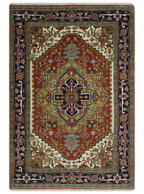 Custom Made Classic Serapi Blue, Rust and Ivory Hand knotted wool Area Rug