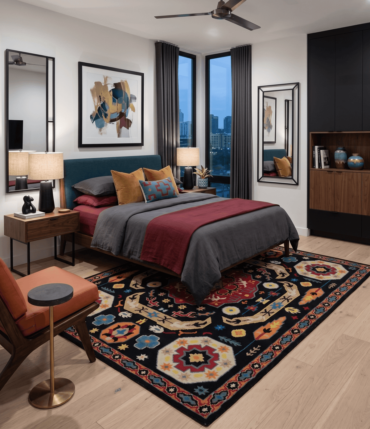Custom Made Colorful Black, Maroon and Beige Traditional Mamluk Design wool Rug