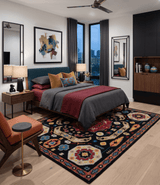 Custom Made Colorful Black, Maroon and Beige Traditional Mamluk Design wool Rug