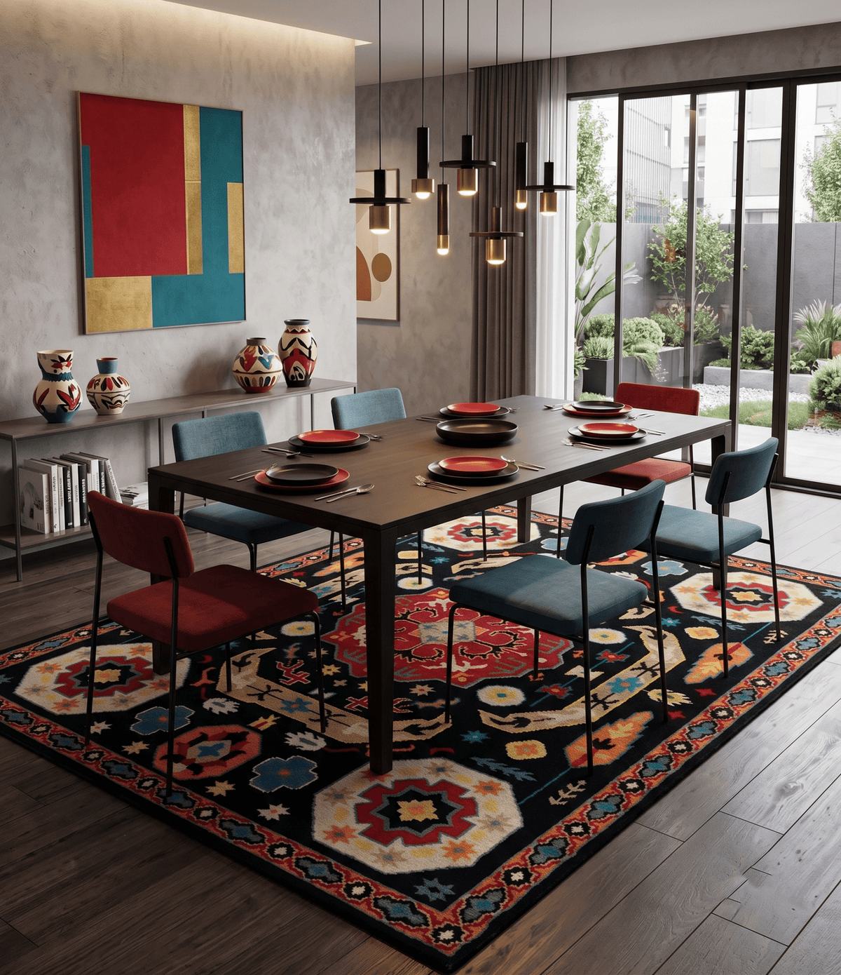 Custom Made Colorful Black, Maroon and Beige Traditional Mamluk Design wool Rug
