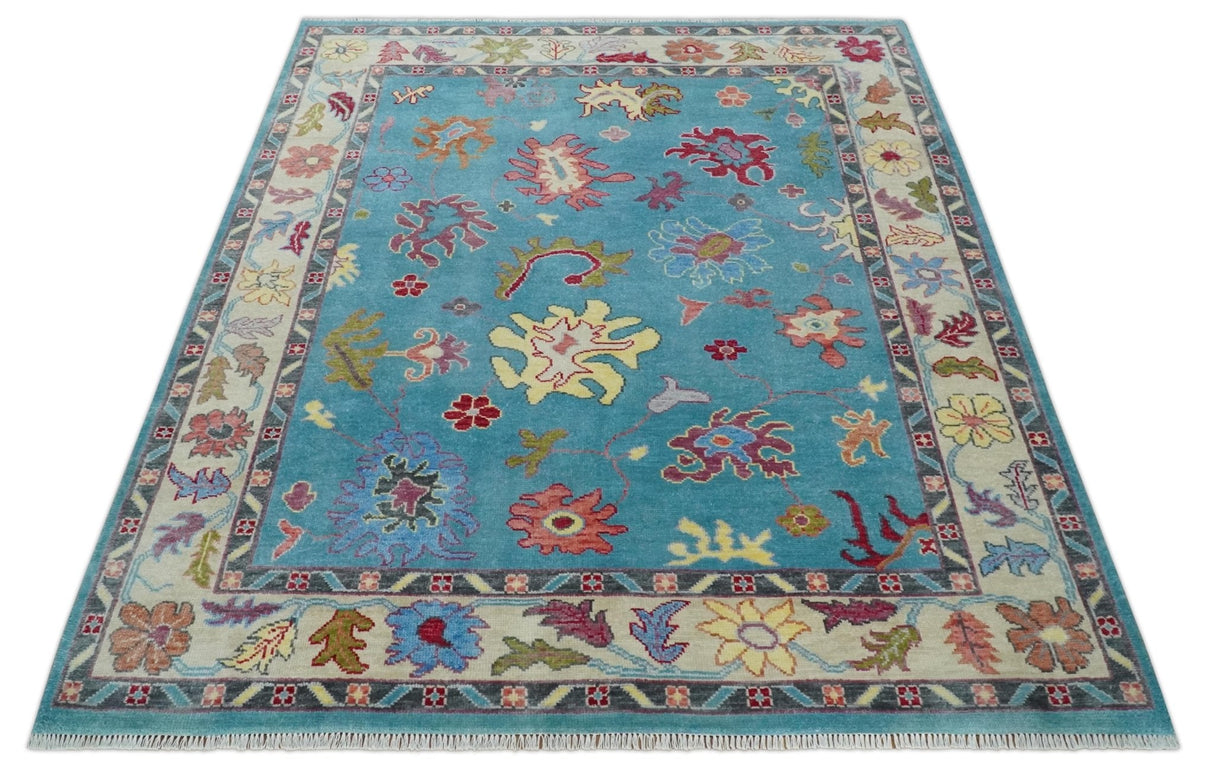Custom Made Colorful Blue and Beige Hand knotted Traditional Oushak wool Area Rug