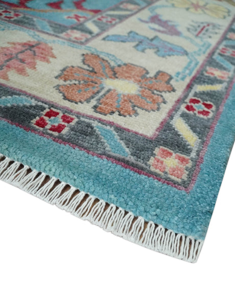 Custom Made Colorful Blue and Beige Hand knotted Traditional Oushak wool Area Rug