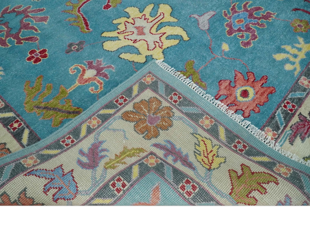 Custom Made Colorful Blue and Beige Hand knotted Traditional Oushak wool Area Rug