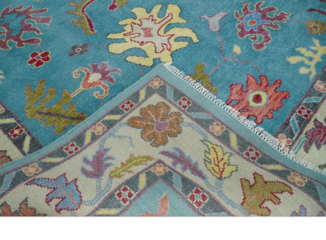 Custom Made Colorful Blue and Beige Hand knotted Traditional Oushak wool Area Rug