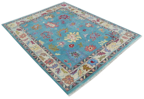 Custom Made Colorful Blue and Beige Hand knotted Traditional Oushak wool Area Rug