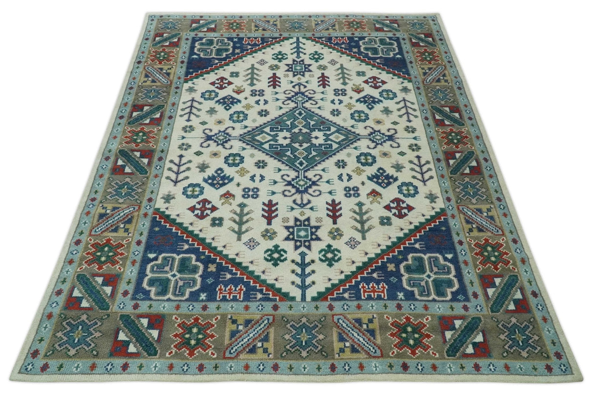Custom Made Colorful Ivory, Blue, Brown and Teal Hand Knotted Traditional Heriz size wool Area Rug