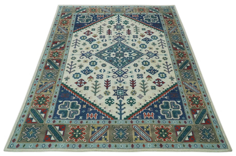 Custom Made Colorful Ivory, Blue, Brown and Teal Hand Knotted Traditional Heriz size wool Area Rug