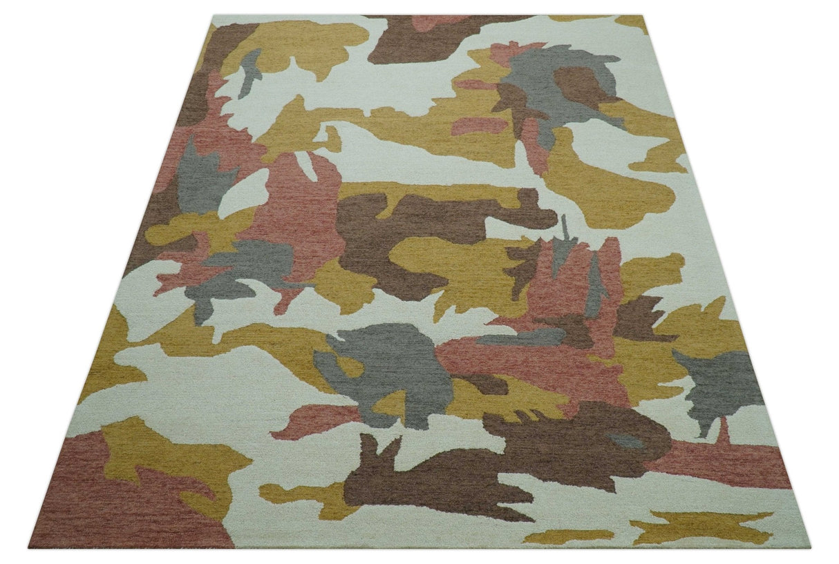 Custom Made Contemporary Abstract Ivory, Yellow And Rust Hand Tufted Wool Area Rug