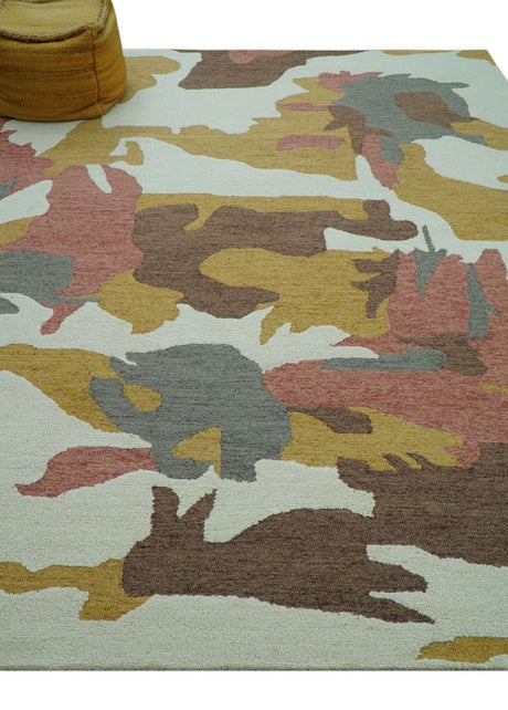 Custom Made Contemporary Abstract Ivory, Yellow And Rust Hand Tufted Wool Area Rug