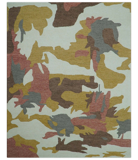 Custom Made Contemporary Abstract Ivory, Yellow And Rust Hand Tufted Wool Area Rug