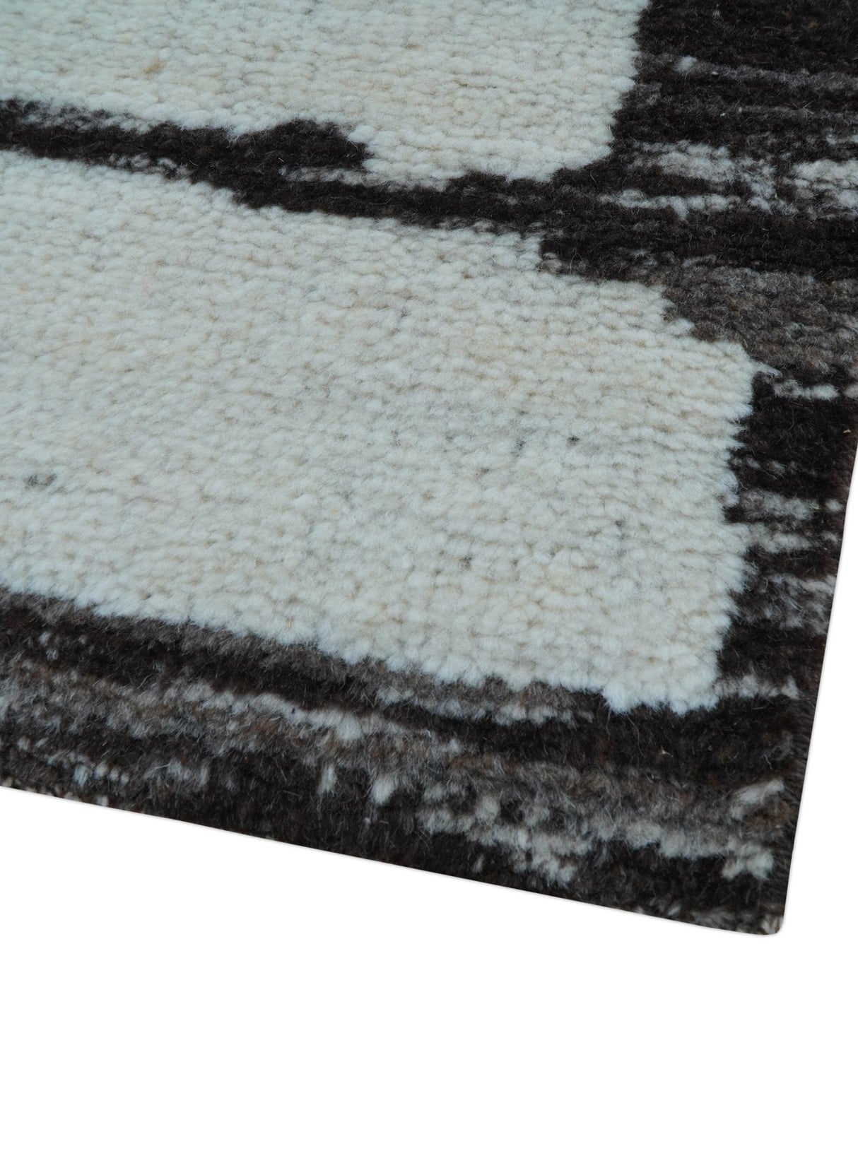 Custom Made Contemporary Ivory And Dark Brown Hand Knotted Wool Rug