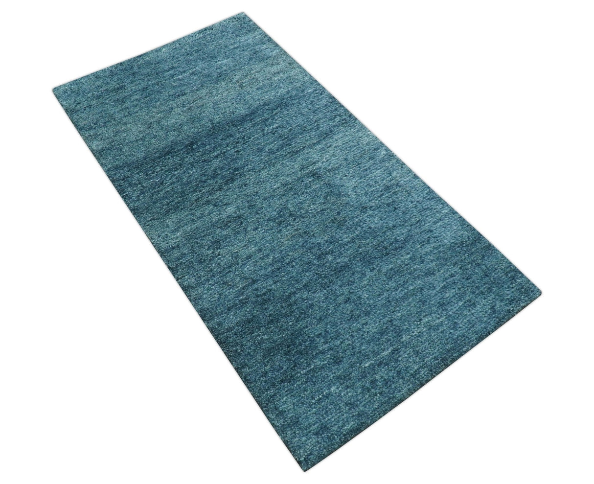 Custom Made Contemporary Solid Plush Blue Hand Knotted Wool Rug