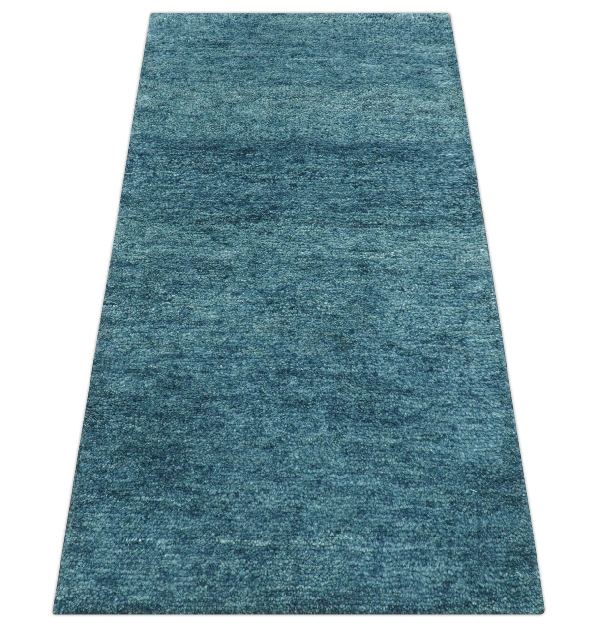 Custom Made Contemporary Solid Plush Blue Hand Knotted Wool Rug