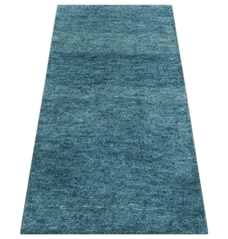 Custom Made Contemporary Solid Plush Blue Hand Knotted Wool Rug