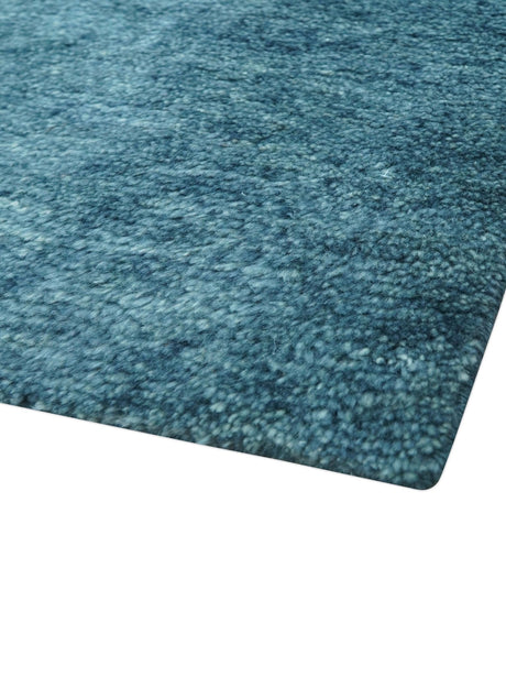 Custom Made Contemporary Solid Plush Blue Hand Knotted Wool Rug