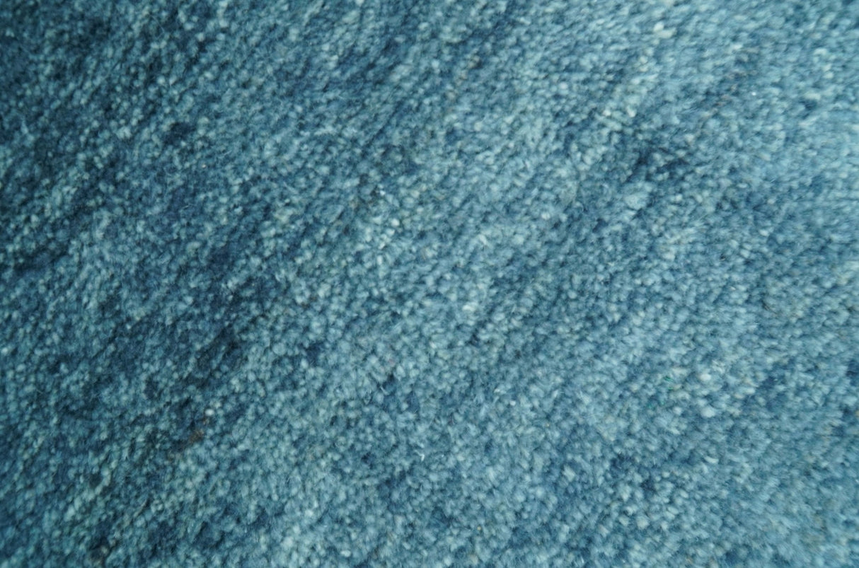 Custom Made Contemporary Solid Plush Blue Hand Knotted Wool Rug
