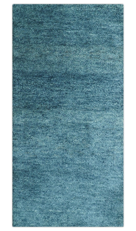 Custom Made Contemporary Solid Plush Blue Hand Knotted Wool Rug