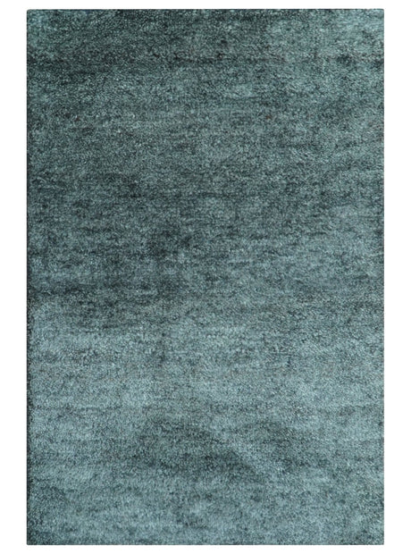 Custom Made Contemporary Solid Plush Steel Blue Hand Knotted Wool Rug