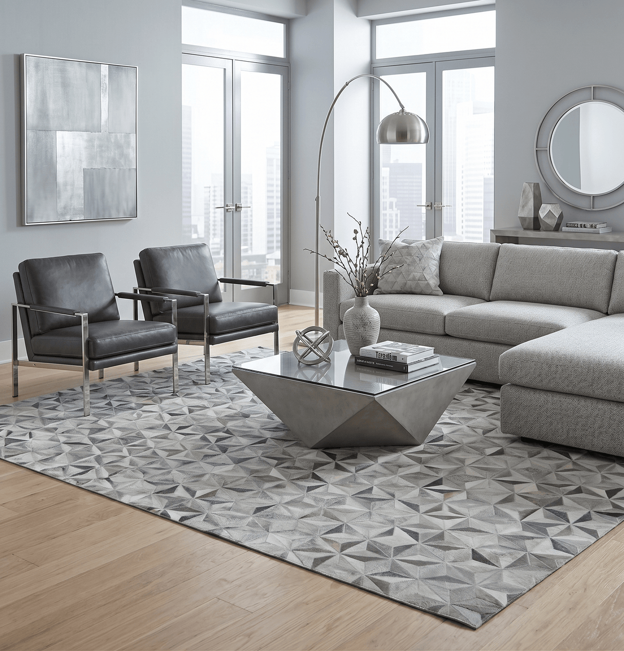 Custom Made Cowhide Leather Patchwork Silver and Gray Leather Modern Geometric Rug