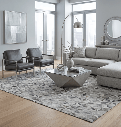 Custom Made Cowhide Leather Patchwork Silver and Gray Leather Modern Geometric Rug