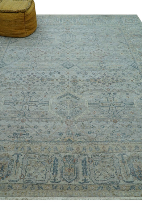 Custom Made Distressed Silver Blue Traditional Hand knotted Wool Area Rug