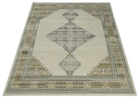 Custom Made Earthy Hand Knotted Ivory, Charcoal and Beige Wool Area Rug