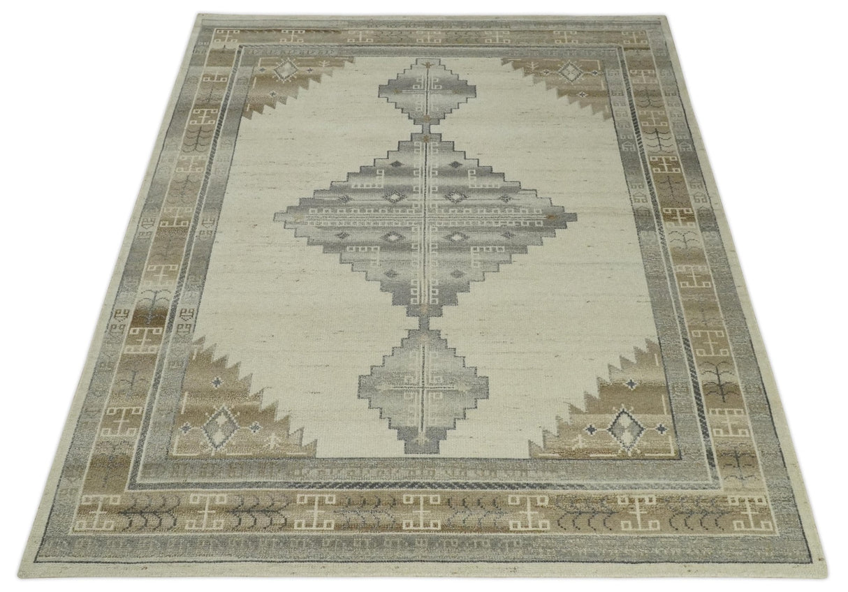 Custom Made Earthy Hand Knotted Ivory, Charcoal and Beige Wool Area Rug-Area Rug-Parc Decor