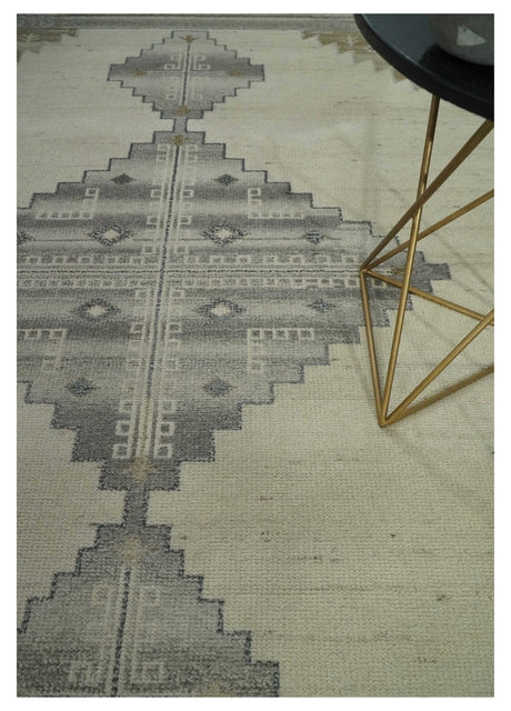 Custom Made Earthy Hand Knotted Ivory, Charcoal and Beige Wool Area Rug-Area Rug-Parc Decor