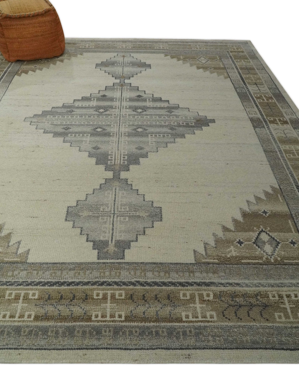 Custom Made Earthy Hand Knotted Ivory, Charcoal and Beige Wool Area Rug-Area Rug-Parc Decor