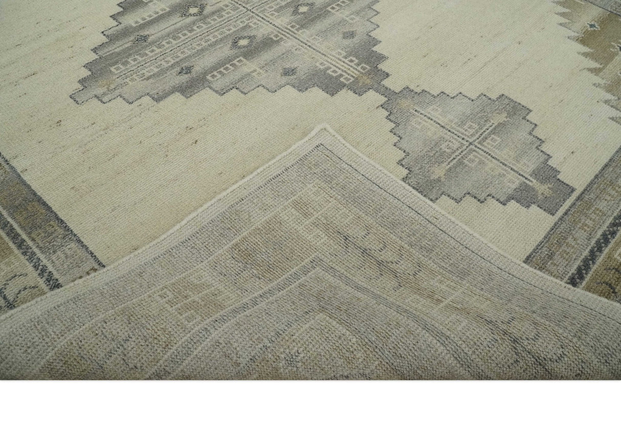 Custom Made Earthy Hand Knotted Ivory, Charcoal and Beige Wool Area Rug-Area Rug-Parc Decor