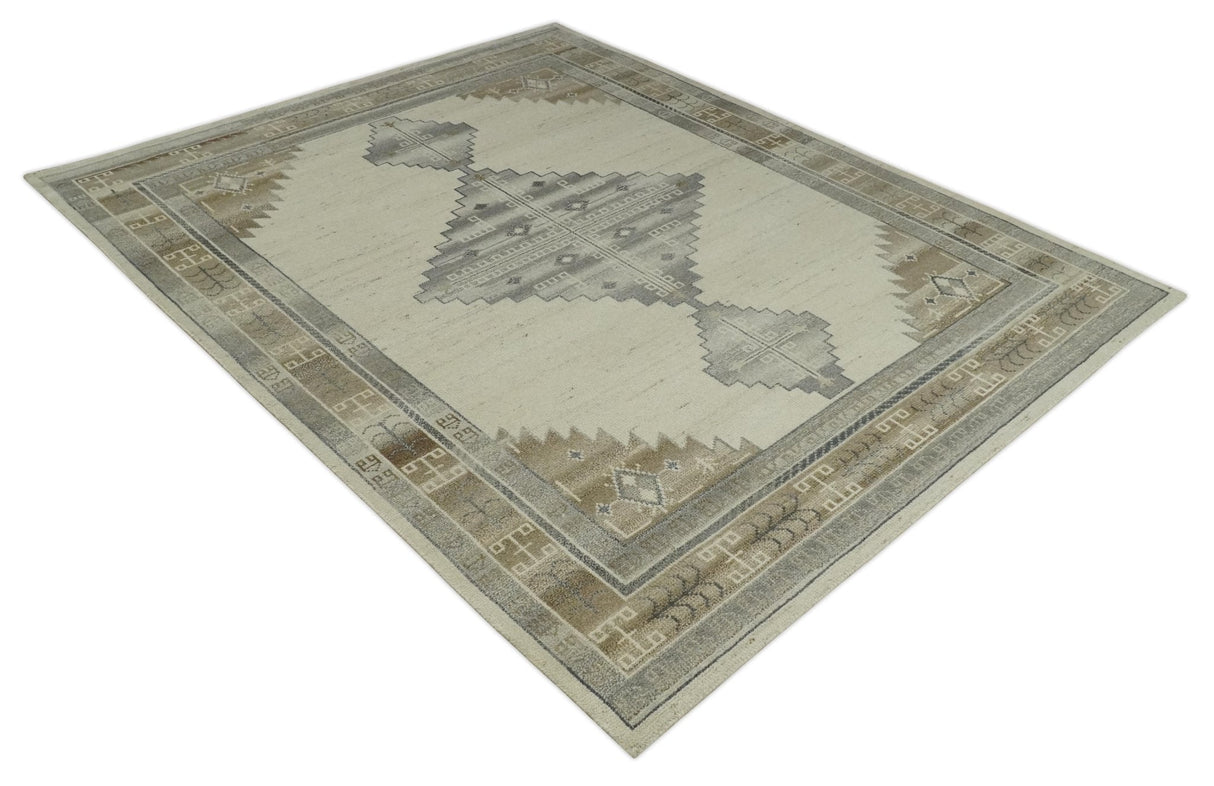 Custom Made Earthy Hand Knotted Ivory, Charcoal and Beige Wool Area Rug-Area Rug-Parc Decor