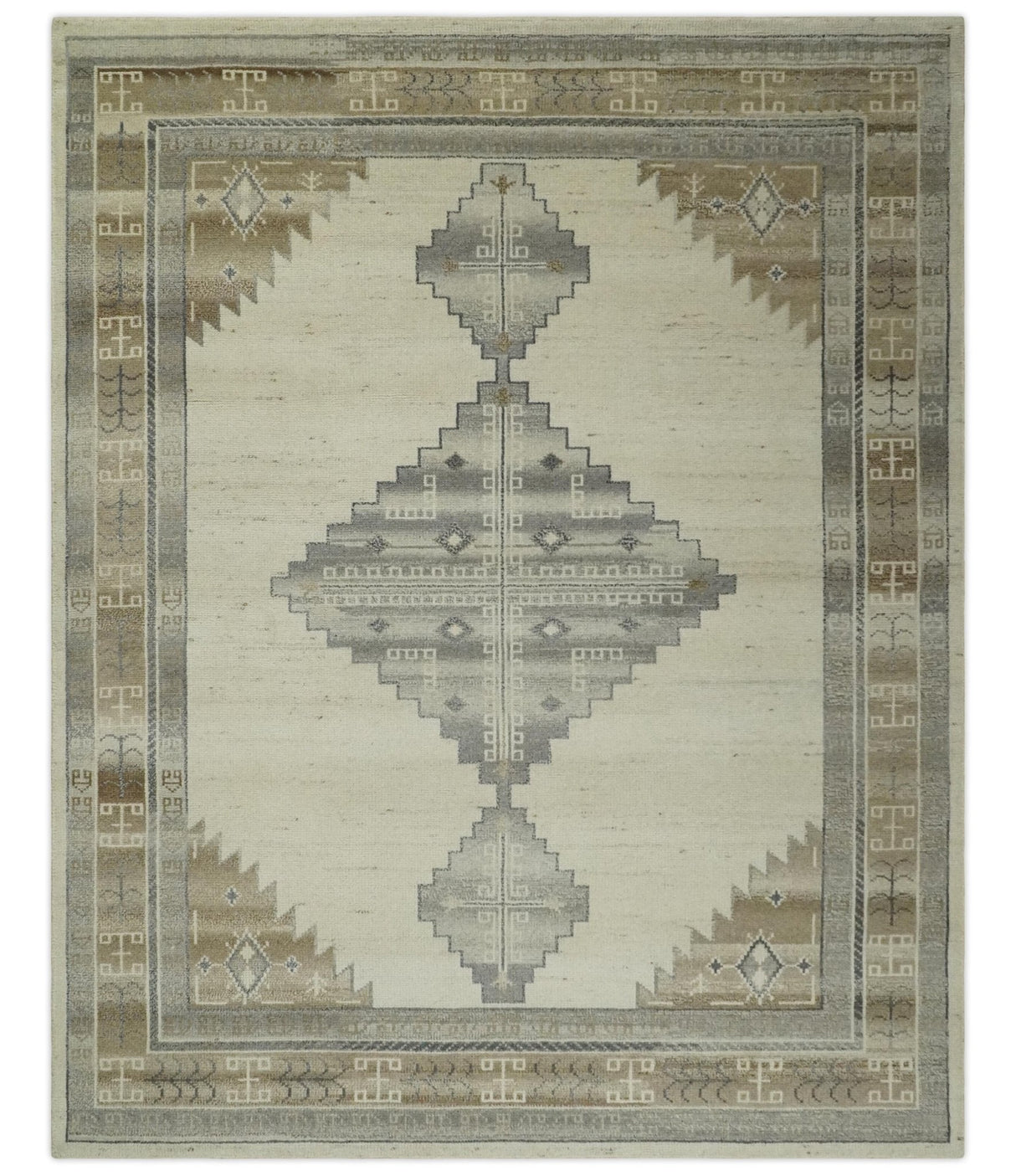 Custom Made Earthy Hand Knotted Ivory, Charcoal and Beige Wool Area Rug-Area Rug-Parc Decor