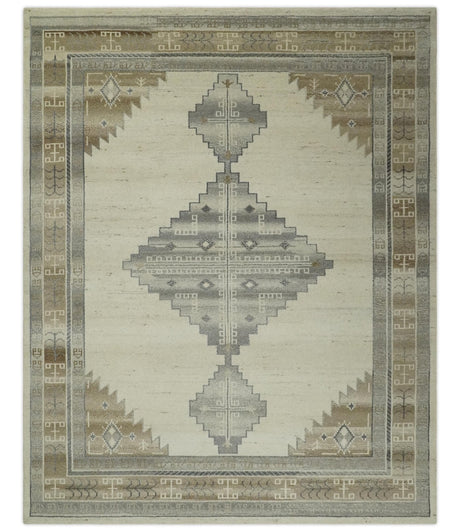 Custom Made Earthy Hand Knotted Ivory, Charcoal and Beige Wool Area Rug-Area Rug-Parc Decor