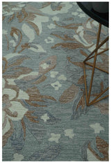Custom Made Elegant Blue, Ivory and Olive Floral Design Hand Tufted wool Rug